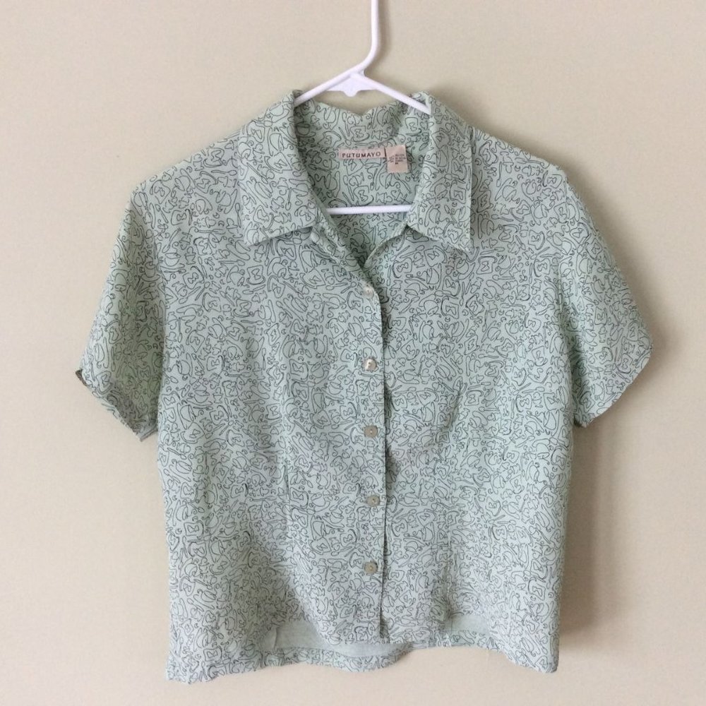 Vintage Putumayo Rayon Blouse, Medium, Light Mint Green